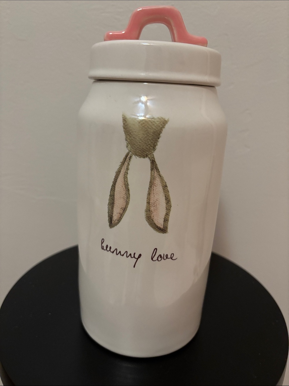 Ceramic Bunny Love Canister with Pink Handle Rae Dunn
